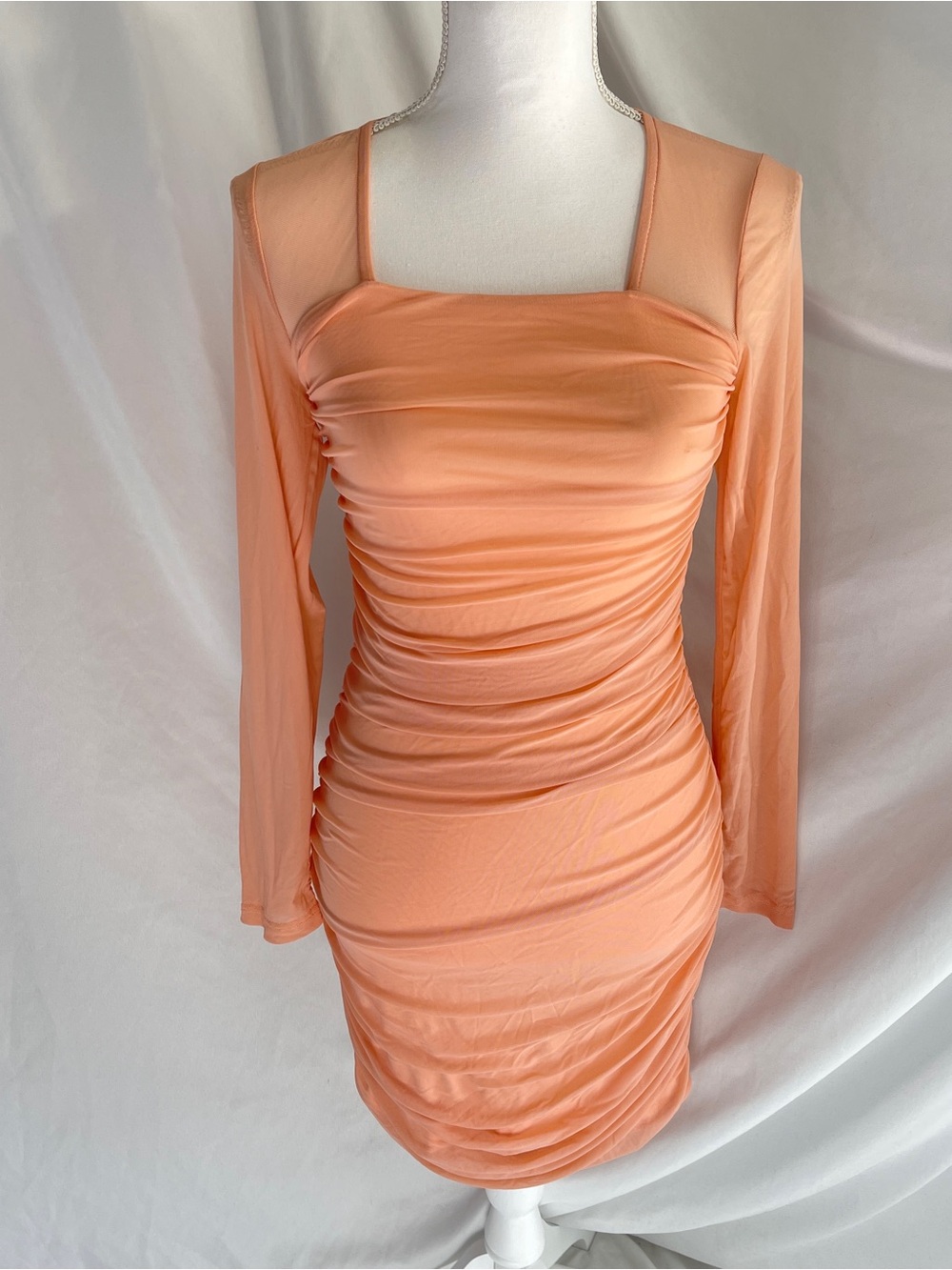 Peach Bellini Pink Orange Ruched Mesh Bodycon Mini Dress S